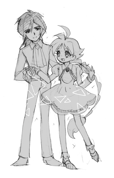 1boy, 1girl, :d, ahiru_(princess_tutu), braid, dancing, dress, fakir_(princess_tutu), gold_crown_academy_school_uniform, greyscale, hair_between_eyes, height_difference, hetero, holding_hands, juliet_sleeves, long_hair, long_sleeves, low_ponytail, md5_mismatch, monochrome, open_mouth, oppaisagara, ponytail, princess_tutu, puffy_sleeves, school_uniform, shoes, single_braid, sketch, smile, spiky_hair, split_mouth, very_long_hair, white_background