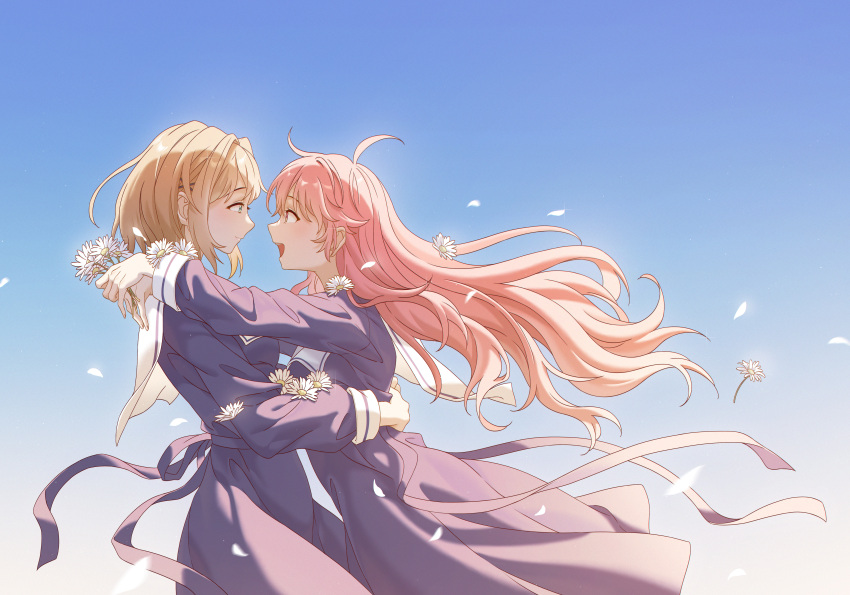 2girls, absurdres, arms_around_neck, black_dress, blue_sky, brown_hair, closed_mouth, commentary