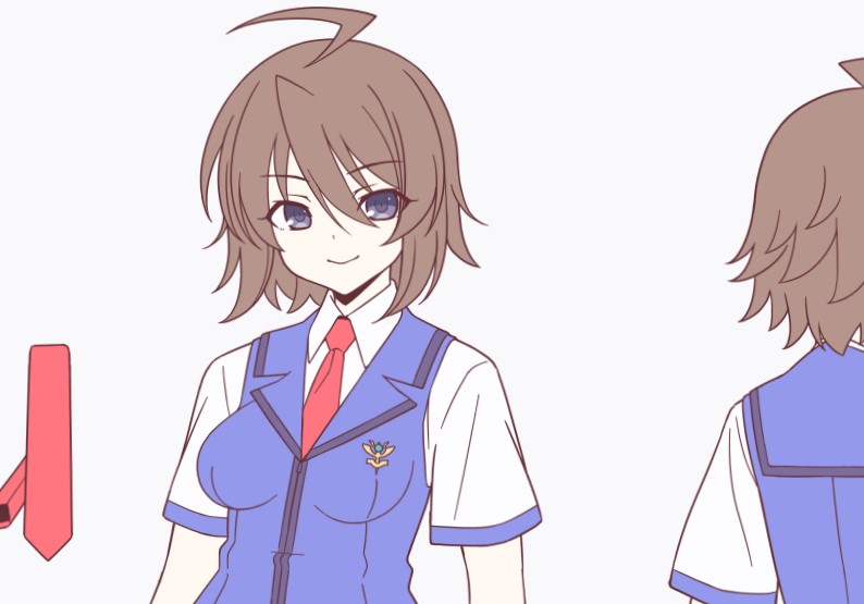 1girl, ahoge, amagi_nao, aoi_masami, blue_eyes, blue_vest, brown_hair, collared_shirt