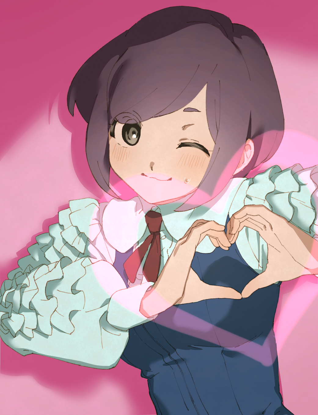 1girl, ;), blush, breasts, brown_eyes, brown_hair, closed_mouth, collared_shirt, commentary_request, frilled_shirt, frilled_sleeves, frills, fukurai_azami, hands_up, heart, heart_hands, highres, long_sleeves, looking_at_viewer, medium_breasts, one_eye_closed, pink_background, puffy_long_sleeves, puffy_sleeves, sabiiiii, shirt, short_hair, smile, solo, toshi_densetsu_kaitai_center, upper_body, white_shirt