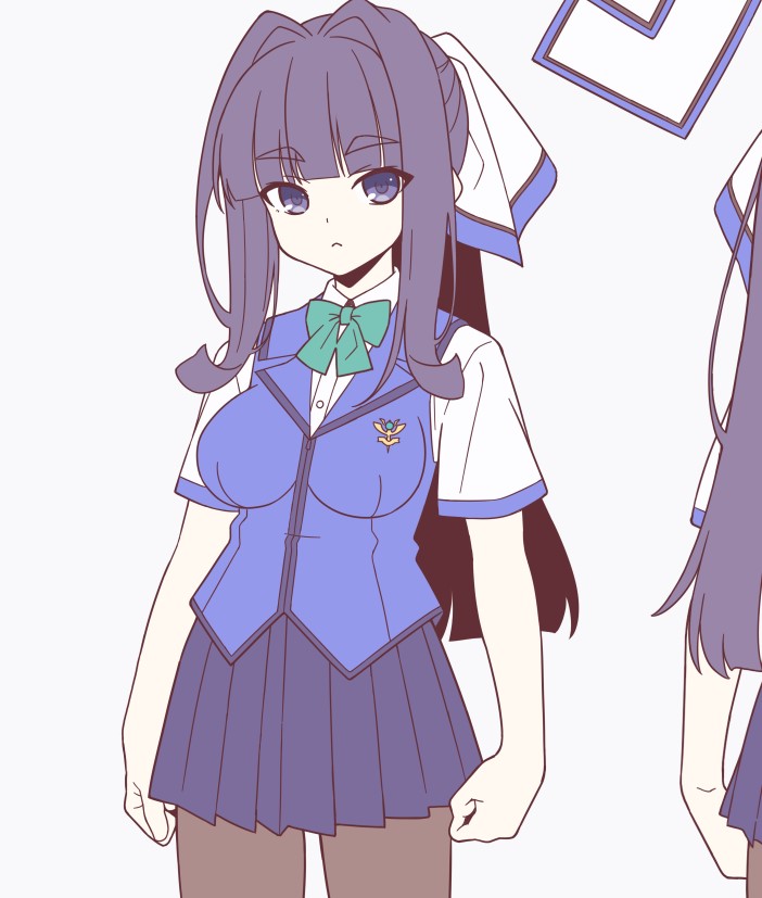 1girl, :<, aoi_masami, black_pantyhose, blue_eyes, blue_hair, blue_skirt, blue_vest