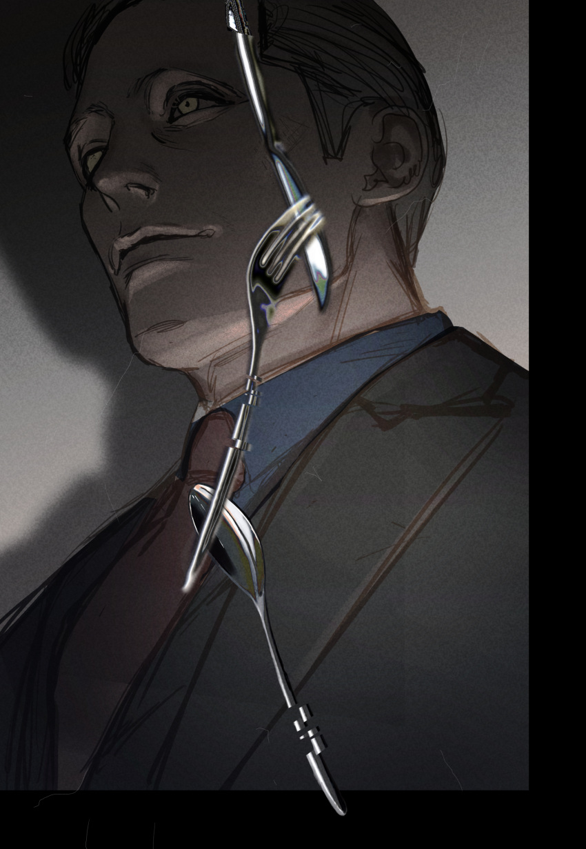 1boy, absurdres, black_jacket, blue_shirt, character_request, closed_mouth, copyright_name, copyright_request, fork, hannibal_(tv_series), hayakuinnitte, highres, jacket, knife, male_focus, necktie, red_necktie, shadow, shirt, short_hair, smile, solo, spoon, upper_body, yellow_eyes