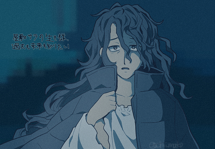 1girl, blue_theme, chiimako, coat, coat_on_shoulders, commentary_request, hair_between_eyes, hand_up, hinata_(toshi_densetsu_kaitai_center), long_hair, long_sleeves, looking_at_viewer, monochrome, open_mouth, solo, spoilers, toshi_densetsu_kaitai_center, translation_request, upper_body, wavy_hair