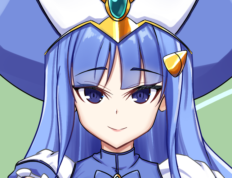 1girl, arty_rain, blue_eyes, blue_hair, blunt_bangs, doumyouji_kotetu, hair_ornament, hairpin, hat, long_hair, looking_at_viewer, portrait, smile, solo, ts_magical_girl_nao