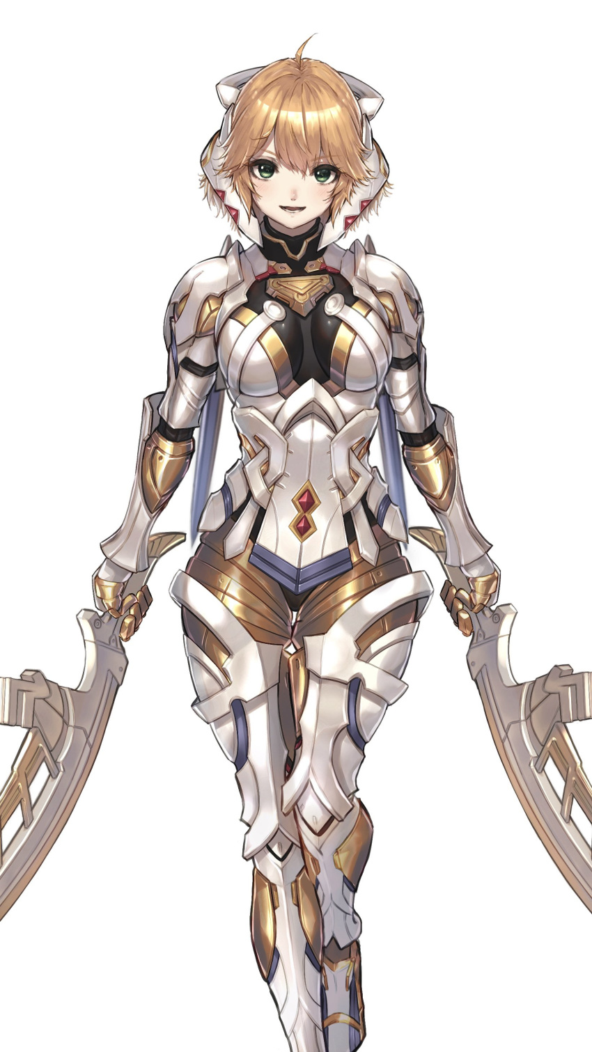 1girl, absurdres, ahoge, armor, blonde_hair, breasts, cyborg, dual_wielding