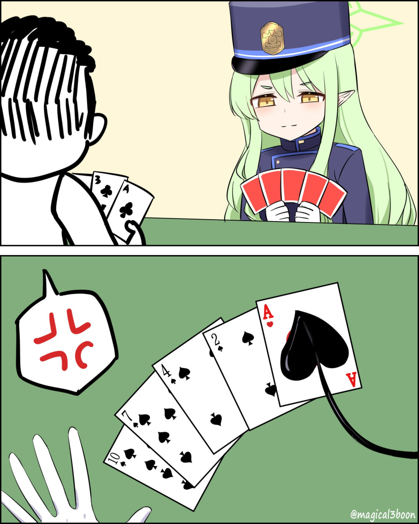1boy, 1girl, ace_(playing_card), ace_of_clubs, ace_of_hearts, anger_vein, black_tail, blue_archive