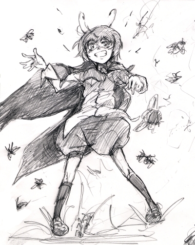 antennae, cape, insect, lowres, monochrome, short_hair, solo, taichi_(tomo), tomo_(pixiv245623), touhou, wriggle_nightbug