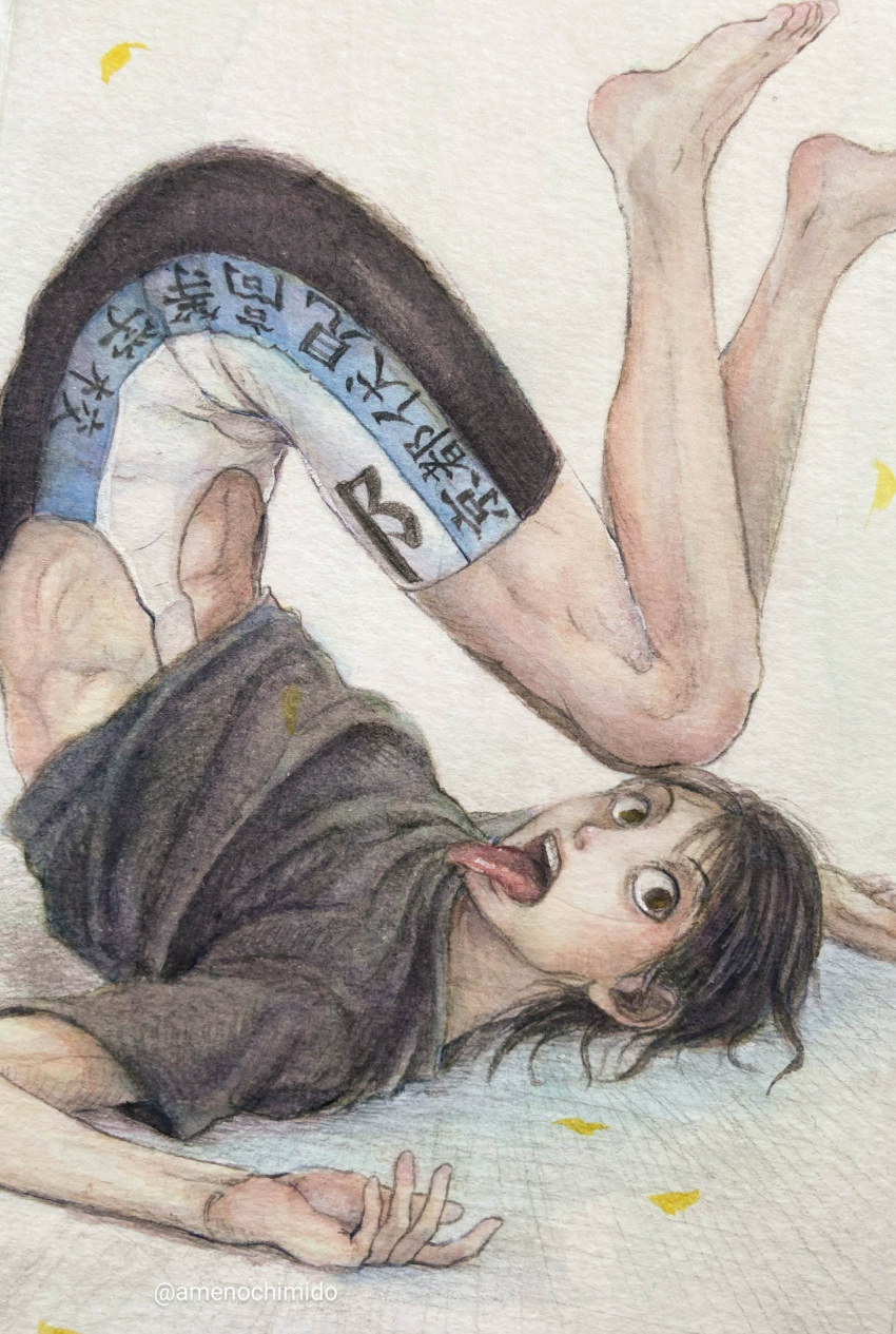 1boy, :o, abs, absurdres, amenochimido, arms_at_sides, barefoot, bib_shorts