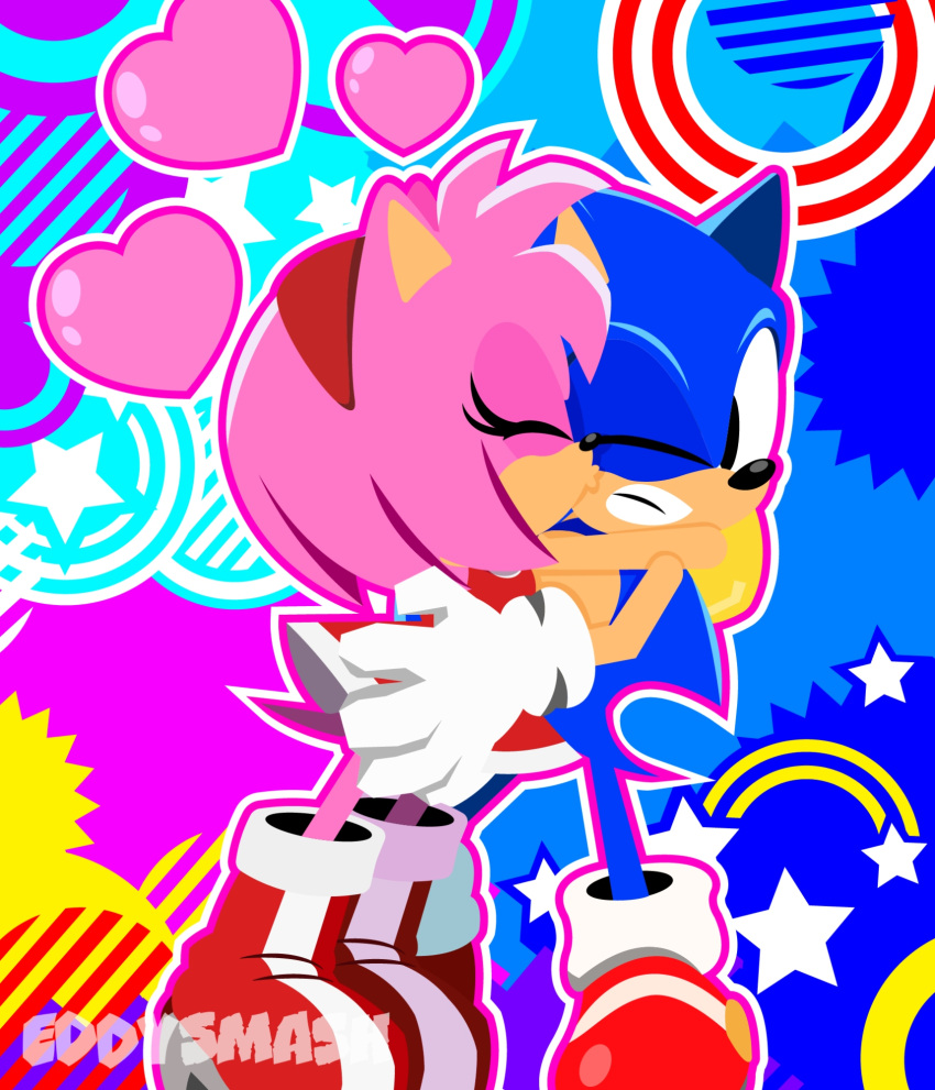 1boy, 1girl, amy_rose, animal_ears, artist_name, closed_eyes, commentary, eddysmash2407