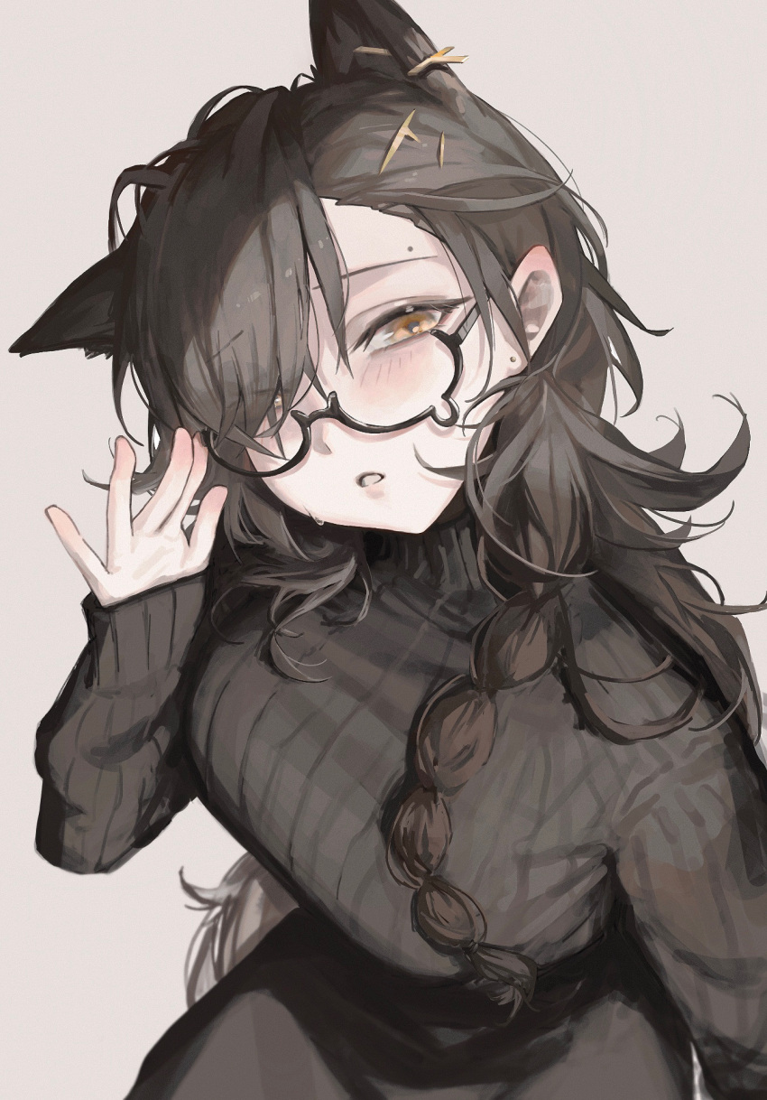 1girl, adjusting_eyewear, animal_ears, arknights, black_skirt, black_sweater, blush, breasts