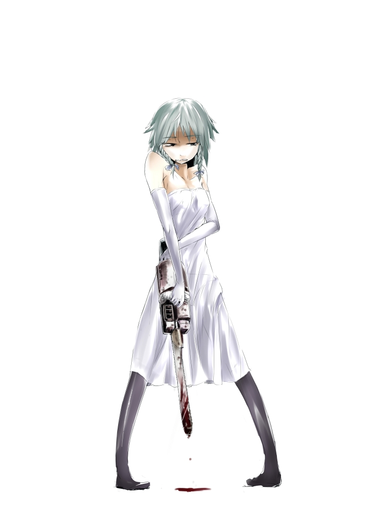 bare_shoulders, blood, braid, chainsaw, elbow_gloves, gloves, izayoi_sakuya, short_hair, silver_hair, simple_background, solo, taichi_(tomo), tomo_(pixiv245623), touhou, twin_braids