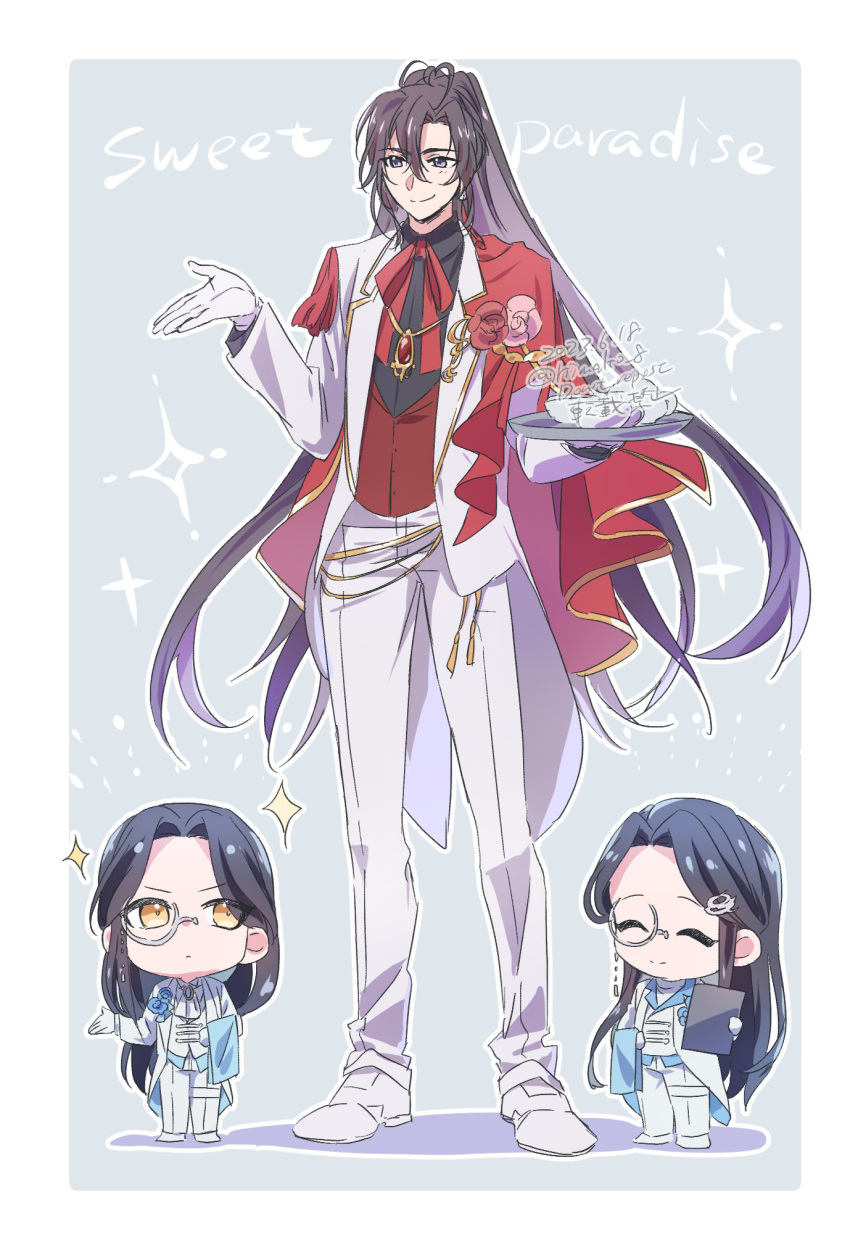 3boys, ^_^, ahoge, alternate_costume, alternate_universe, ascot, black_hair, black_shirt
