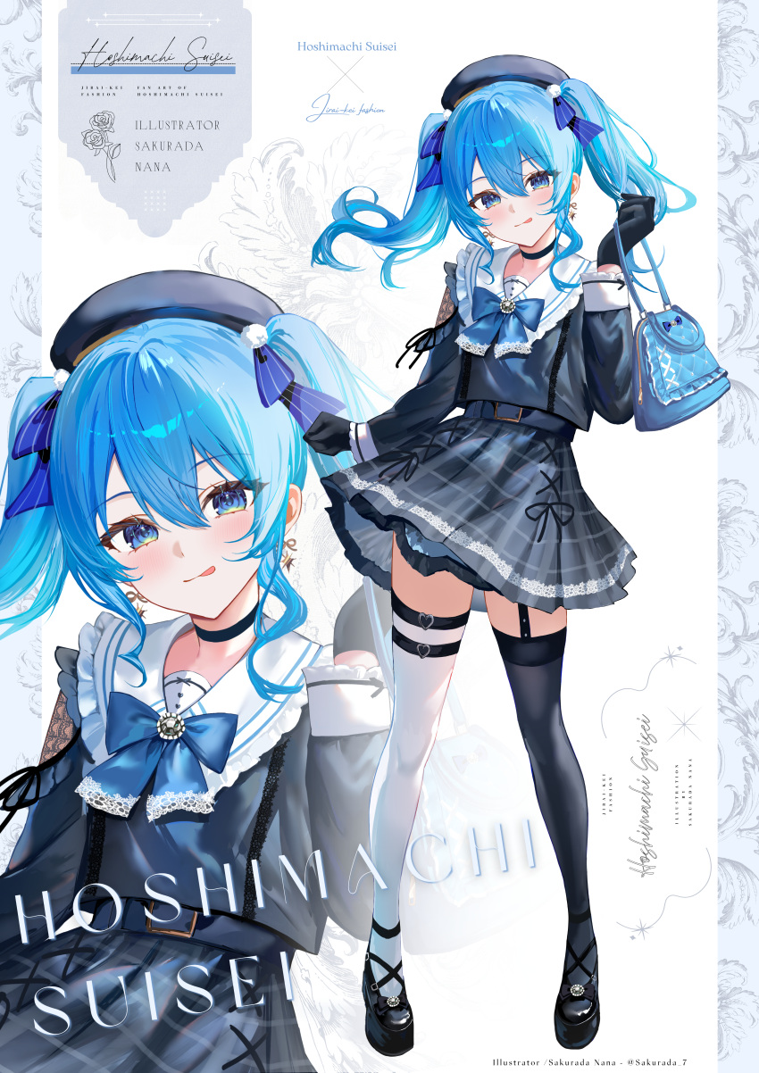 1girl, :p, absurdres, artist_name, asymmetrical_legwear, bag, belt, beret