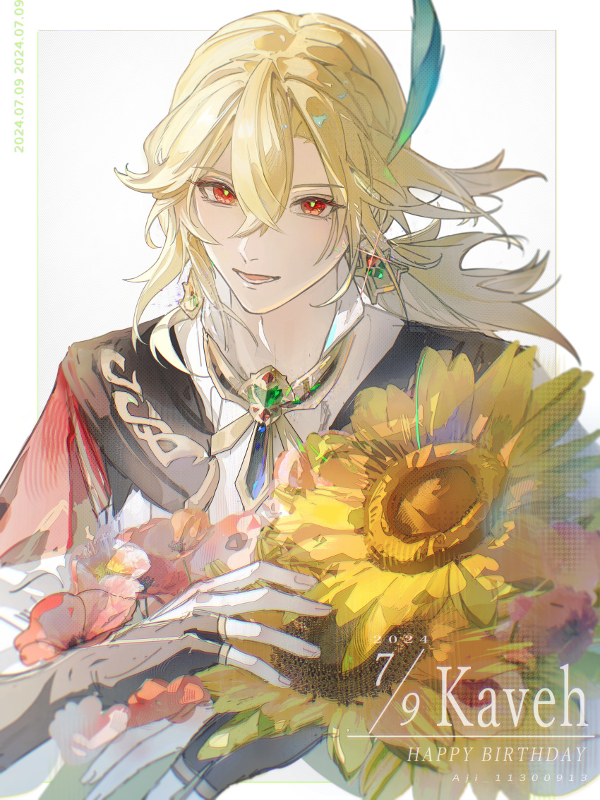 1boy, absurdres, aji_11300913, black_gloves, blonde_hair, blurry_border, border, commentary_request