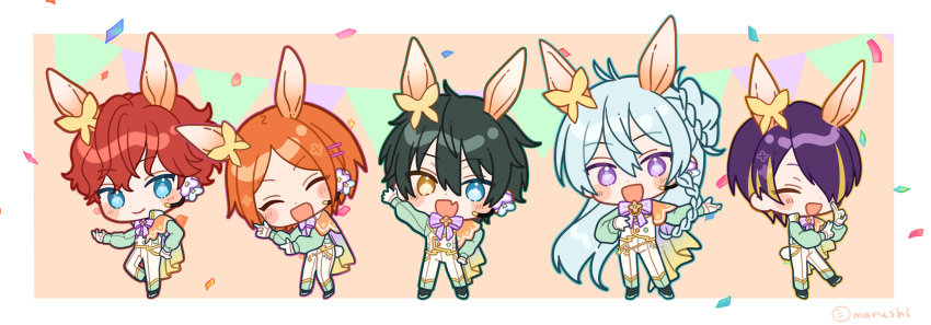 5boys, absurdres, amagi_hiiro, animal_ears, aoi_hinata, aqua_hair, arm_up, black_hair
