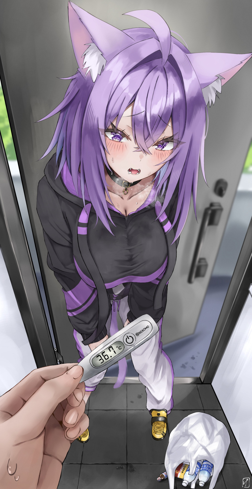 1girl, absurdres, ahoge, animal_ears, black_hoodie, blush, breasts, breath