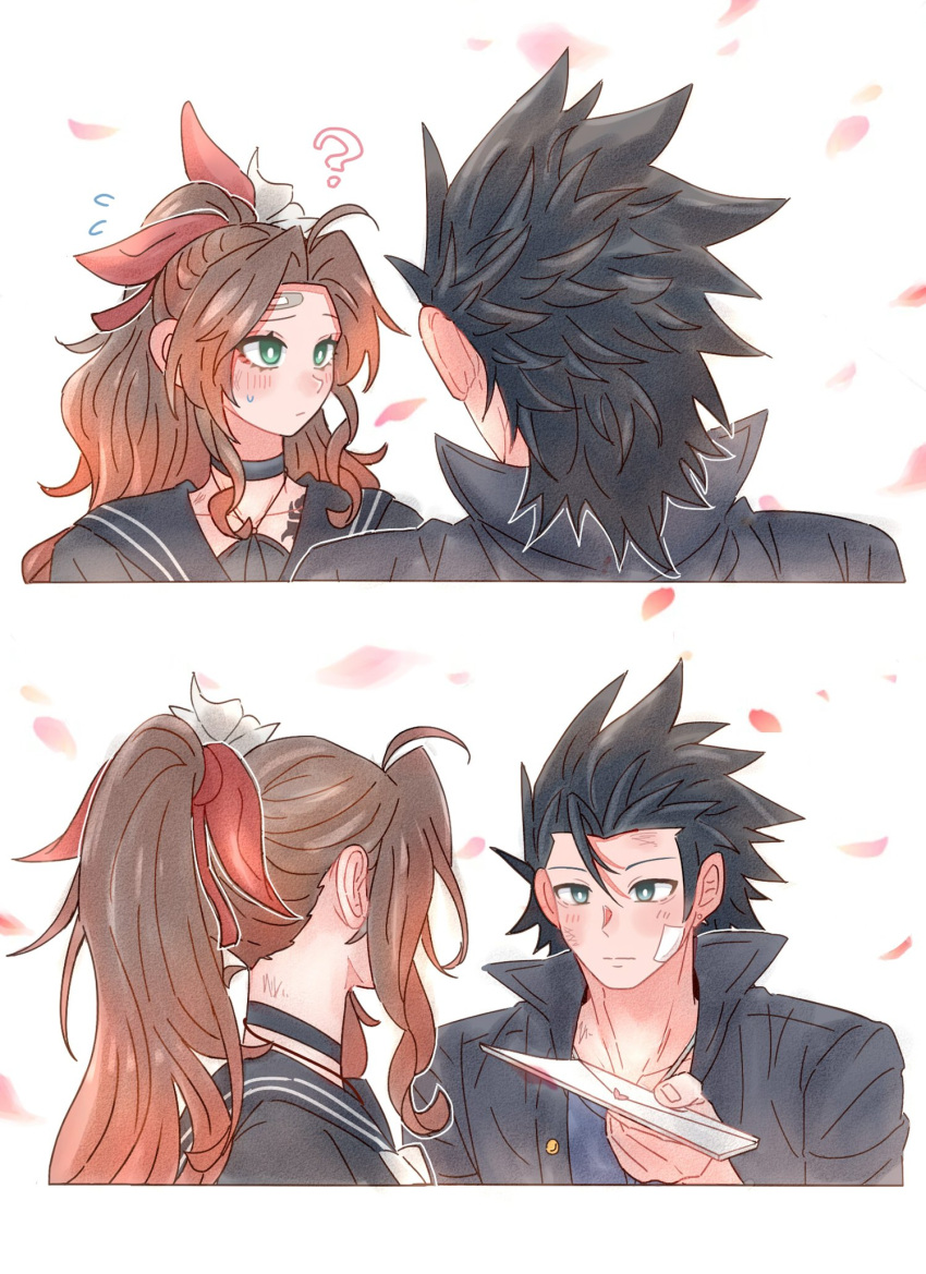 1boy, 1girl, 7_(milu577610), ?, aerith_gainsborough, aerith_gainsborough_(midgard_seventh_high_school), bandaid, bandaid_on_cheek