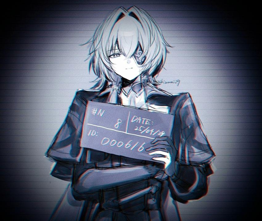1boy, anaxa_(honkai:_star_rail), aqua_hair, closed_mouth, eyepatch, gloves, highres, holding