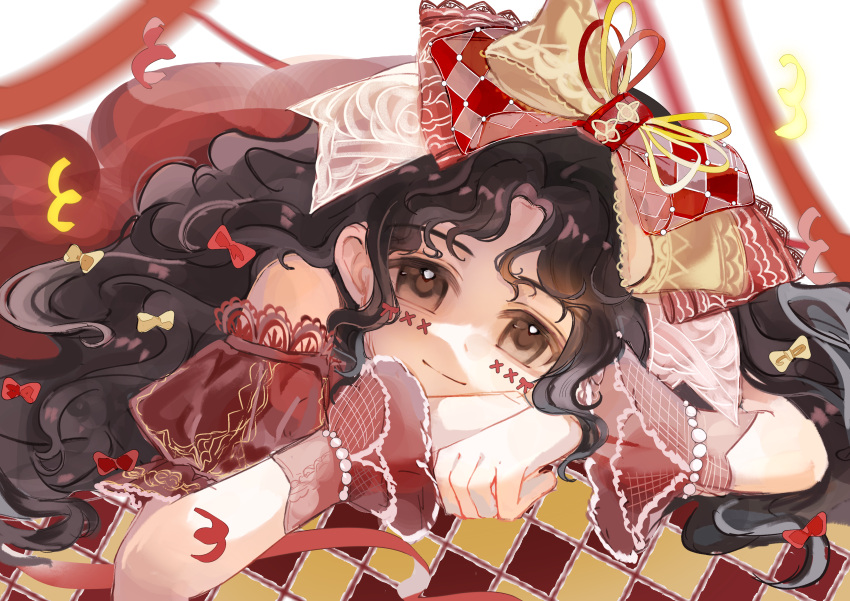 1girl, absurdres, argyle_bow, bare_shoulders, bead_bracelet, beads, black_hair, bow