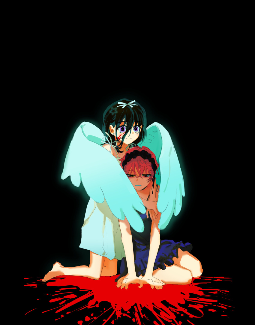 2girls, absurdres, alien_stage, angel_wings, arms_around_neck, baryumejuya, black_background, black_dress