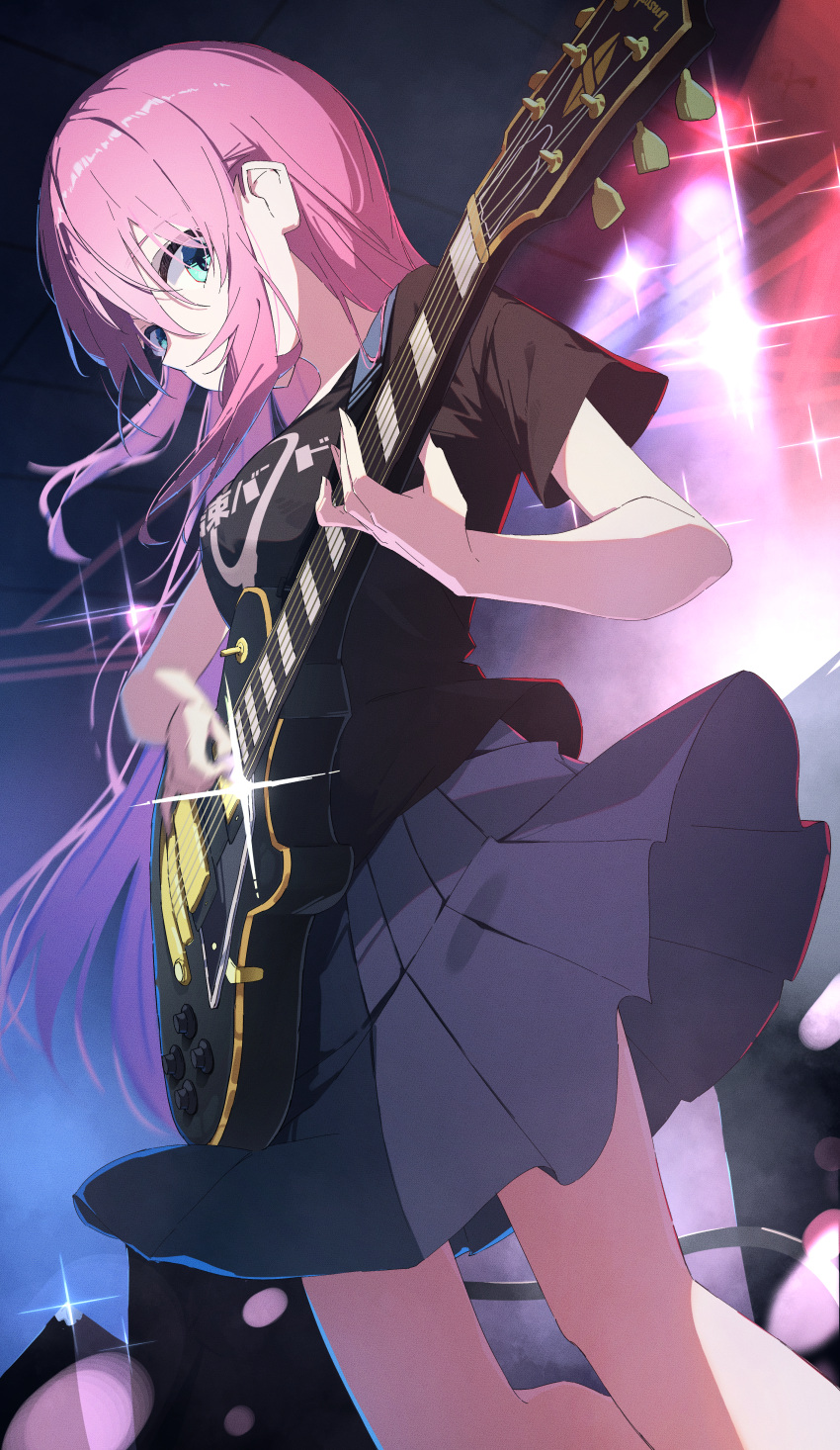 1girl, absurdres, black_shirt, blue_eyes, bocchi_the_rock!, floating_hair, gotoh_hitori, grey_skirt