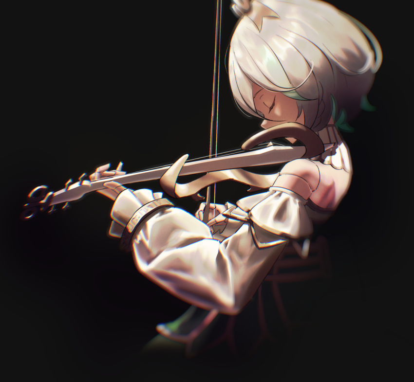 1girl, bangle, bare_shoulders, black_background, blurry, bow_(music), bracelet, cecilia_immergreen