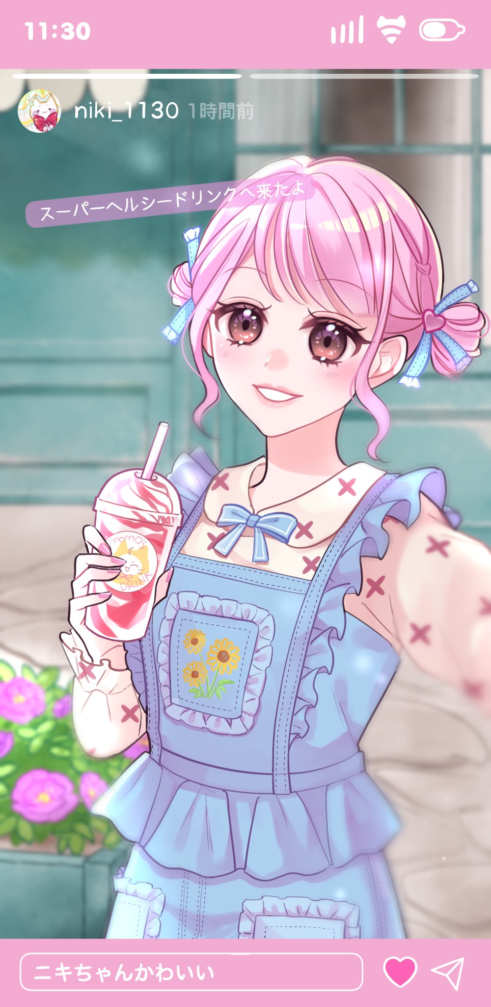 1girl, battery_indicator, blue_bow, blue_bowtie, blue_ribbon, blue_skirt, blue_vest, bow, bowtie, brown_eyes, bush, childhood_moments_(infinity_nikki), cobblestone, collared_shirt, commentary_request, cowboy_shot, cup, day, disposable_cup, dot_nose, double_bun, drink, drinking_straw, eyelashes, eyeshadow, floral_print, flower, frilled_ribbon, frilled_sleeves, frilled_vest, frills, grin, hair_bun, hair_ornament, hair_ribbon, happy, heart, heart_hair_ornament, highres, holding, holding_drink, infinity_nikki, light_blush, light_particles, lipstick, looking_at_viewer, makeup, milkshake, momo_(nikki), nail_polish, neneko_(nnk_suimin), nikki_(nikki), nikki_(series), outdoors, pink_eyeshadow, pink_flower, pink_hair, pink_lips, pink_nails, pocket, ribbon, selfie, shirt, shop, short_hair, skirt, skirt_set, smile, social_network, solo, standing, sunflower, text_messaging, translation_request, vest, white_shirt