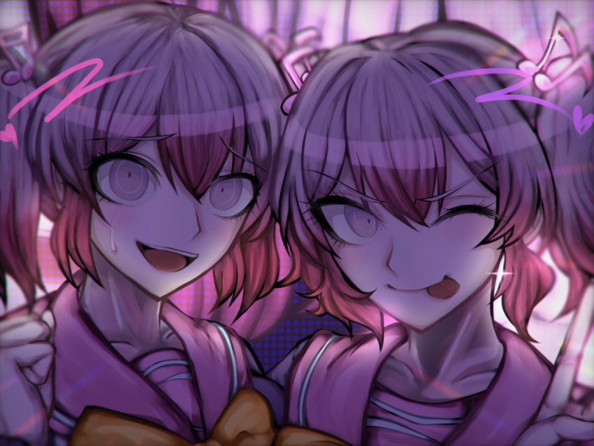 2girls, bow, collarbone, danganronpa_another, f0rtavv12o7, gradient_hair, hair_ornament, hand_up