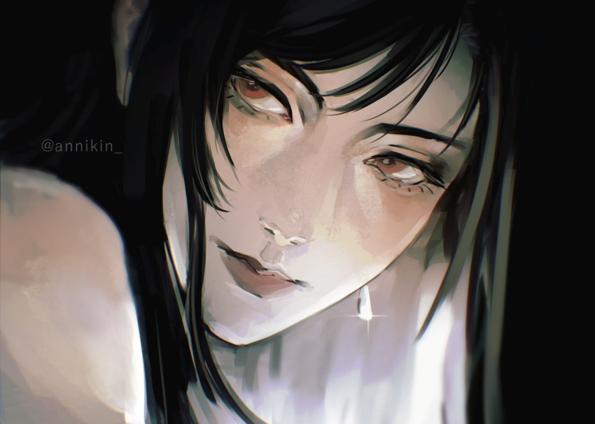 1girl, annikin, bare_shoulders, black_hair, close-up, closed_mouth, earrings, final_fantasy