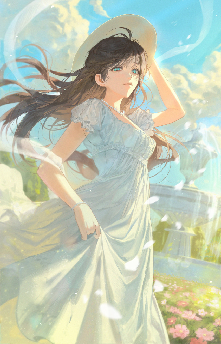 1girl, absurdres, aqua_eyes, arm_up, bead_bracelet, bead_necklace, beads, blue_sky