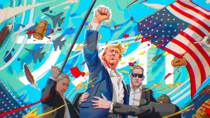 2024_attempted_assassination_of_donald_trump, 4boys, aircraft, airplane, american_flag, black_jacket, blonde_hair, blood