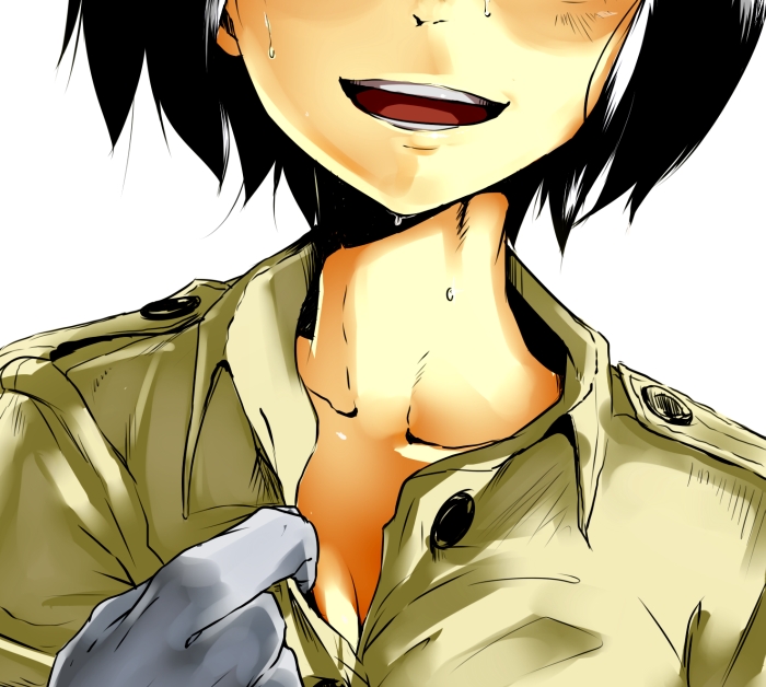 aoi_hana_(oumagadoki_doubutsuen), black_hair, bob_cut, character_request, close-up, collarbone, gloves, head_out_of_frame