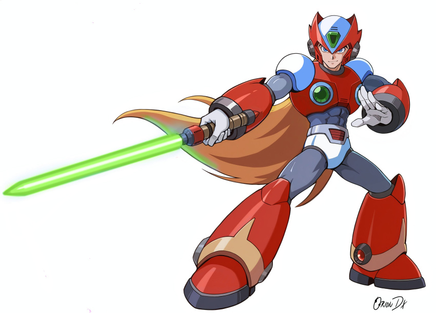1boy, absurdres, android, armor, blonde_hair, chest_jewel, dauntedx, energy_sword