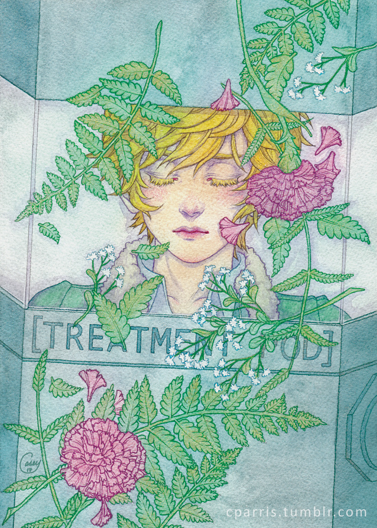 1boy, blonde_hair, casey_parris, closed_eyes, closed_mouth, colored_eyelashes, commentary, cryostasis_pod, english_commentary, eyelashes, flower, kyokugen_dasshutsu, kyokugen_dasshutsu_adv:_zennin_shibou_desu, leaf, lips, male_focus, pink_flower, quark_(kyokugen_dasshutsu), short_hair, sleeping, solo, tumblr_username, web_address