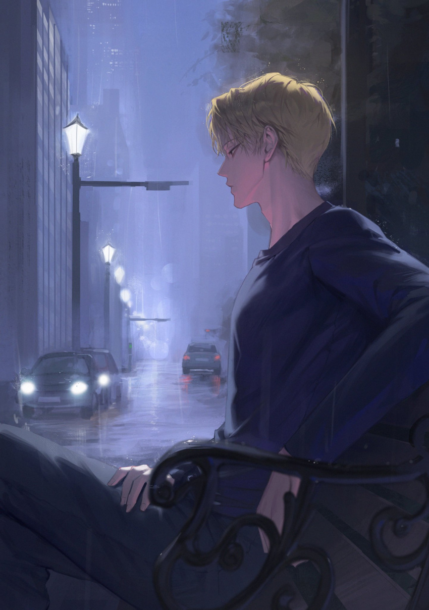 1boy, bench, black_eyes, black_pants, black_shirt, blonde_hair, blurry, building