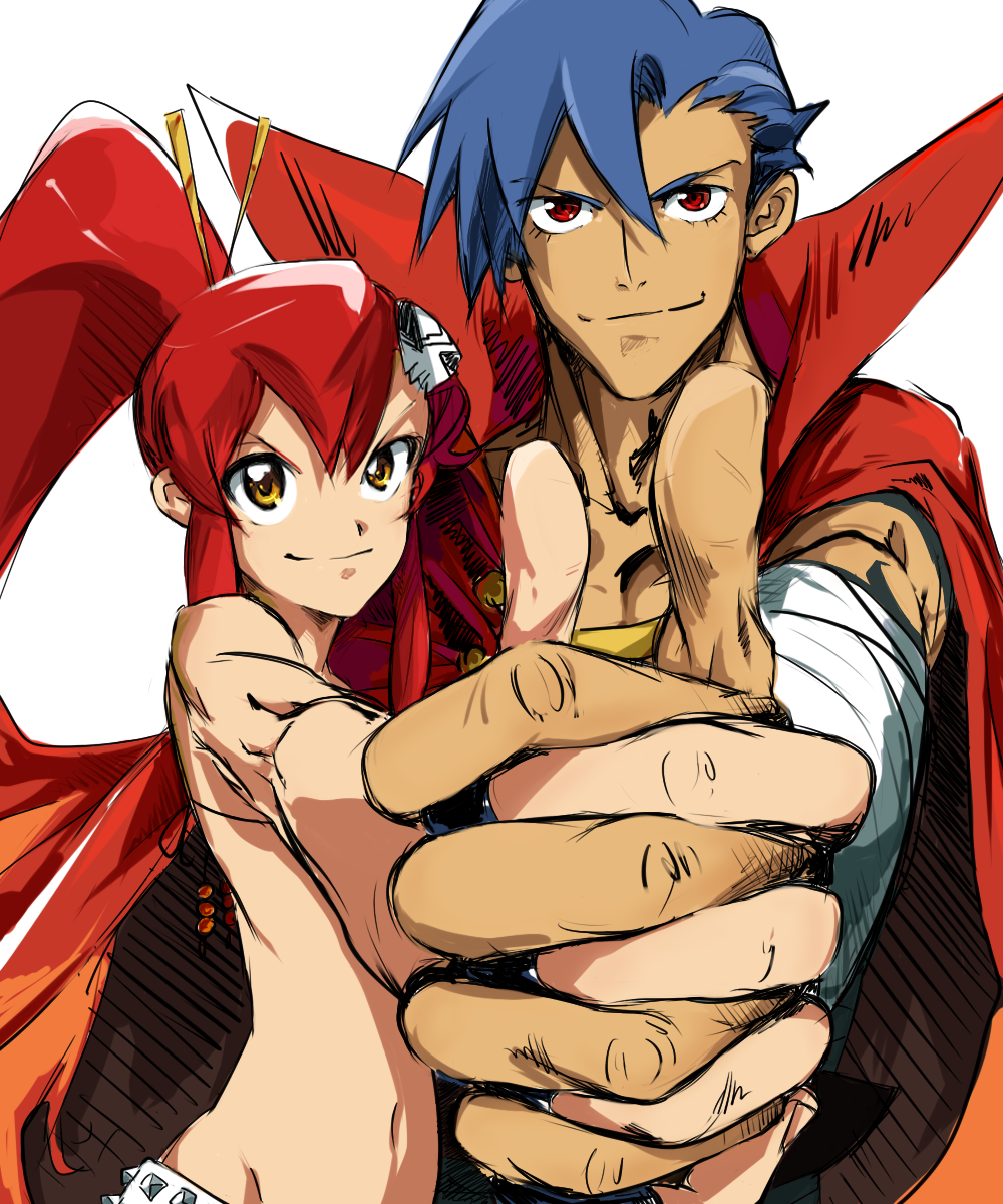 1girl, bandage, bandages, beardorado, blue_hair, cape, couple, foreshortening, hand_holding, hands, highres, holding_hands, kamina, midriff, red_eyes, red_hair, redhead, simple_background, tengen_toppa_gurren-lagann, tengen_toppa_gurren_lagann, thumbs_up, yellow_eyes, yoko_littner