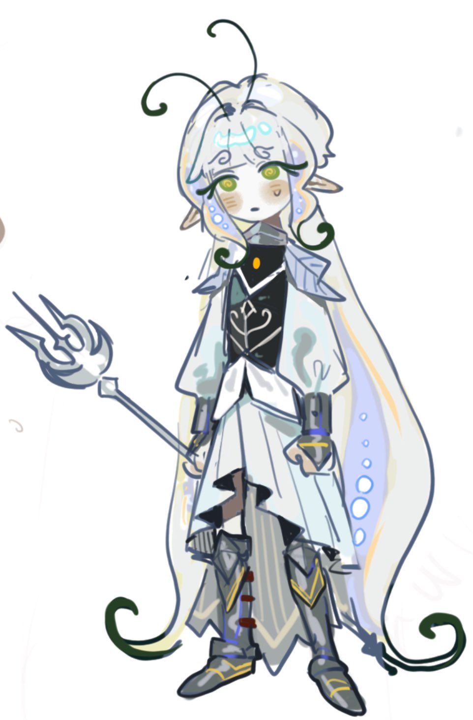 1girl, alternate_costume, antenna_hair, armored_boots, boots, butterfly_wings, colored_skin, cookie_run, cookie_run:_kingdom, curly_eyebrows, floating_hair, highres, humanization, insect_wings, layered_clothes, leg_armor, leotard, long_eyelashes, long_hair, looking_at_viewer, nova_1810, solo, sugarfly_cookie, very_long_hair, white_eyeshadow, wings, yellow_leotard