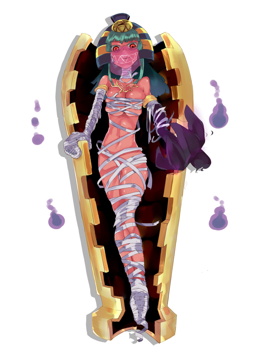 1girl, breasts, cofagrigus, coffin, colored_eyelashes, costume, egyptian, eyelashes, green_hair, highres, jewelry, large_breasts, mummy, necklace, nemes, personification, pokemon, pokemon_(game), pokemon_black_and_white, pokemon_bw, red_eyes, taichi_(tomo), tomo_(pixiv245623), veil
