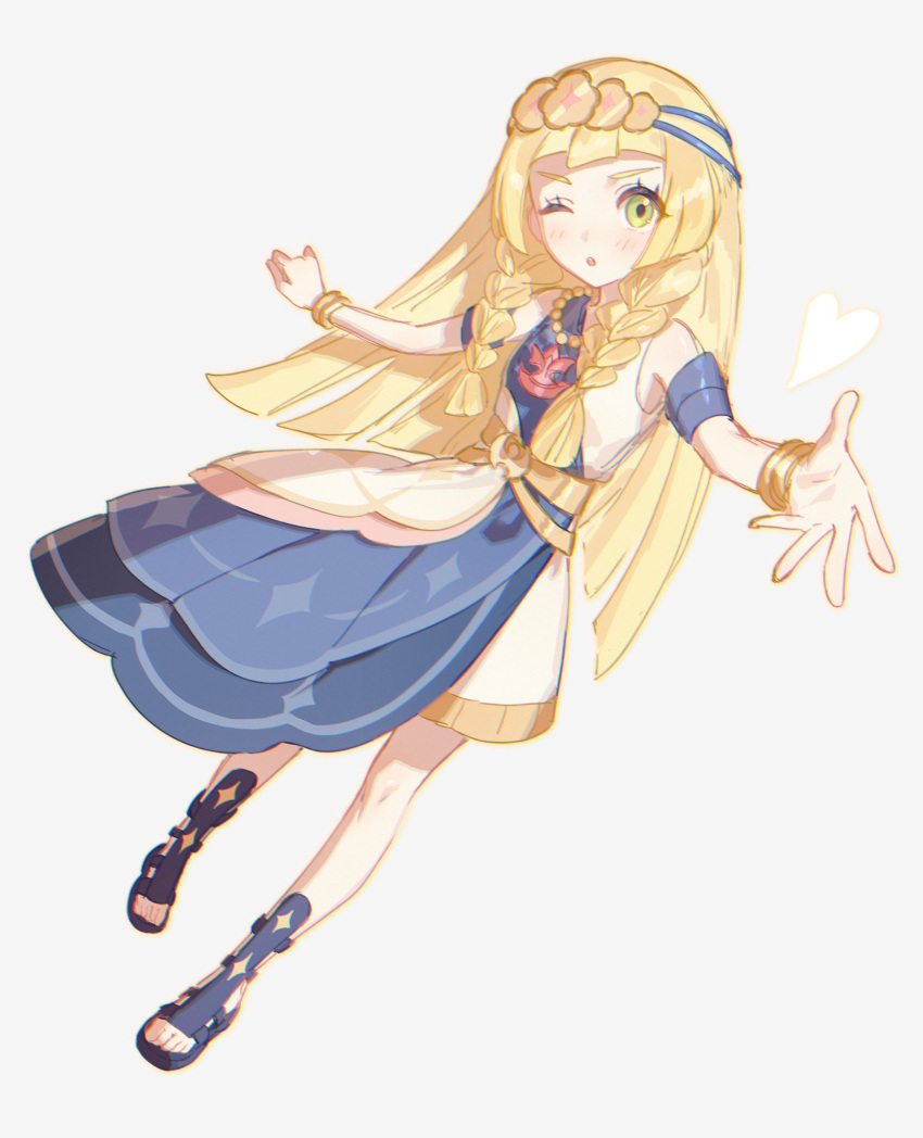 1girl, blonde_hair, blunt_bangs, blush, bracelet, braid, breasts, dress