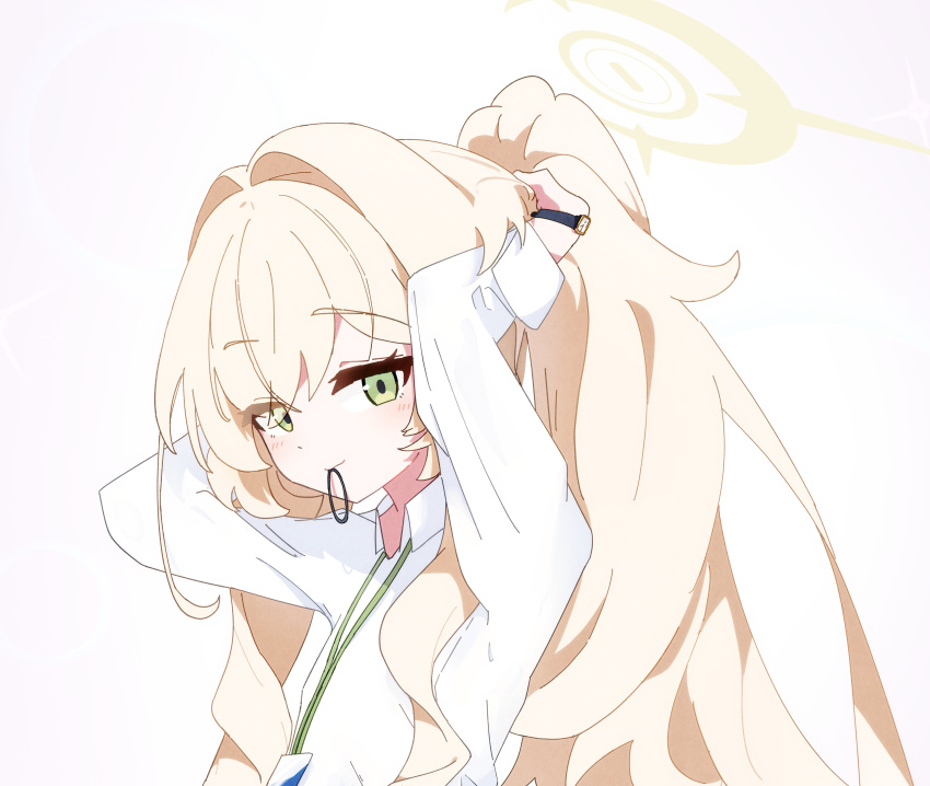 1girl, absurdres, alternate_hairstyle, arms_behind_head, blonde_hair, blue_archive, blush, closed_mouth
