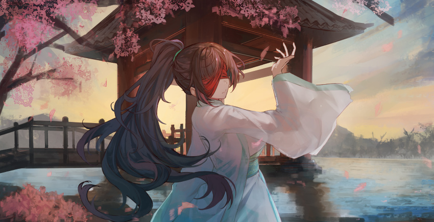 1girl, absurdres, alternate_hairstyle, architecture, arm_up, blindfold, breasts, bridge