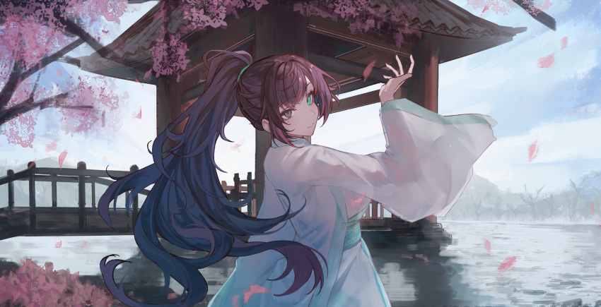 1girl, alternate_hairstyle, aqua_eyes, architecture, arm_up, blue_sky, breasts, bridge