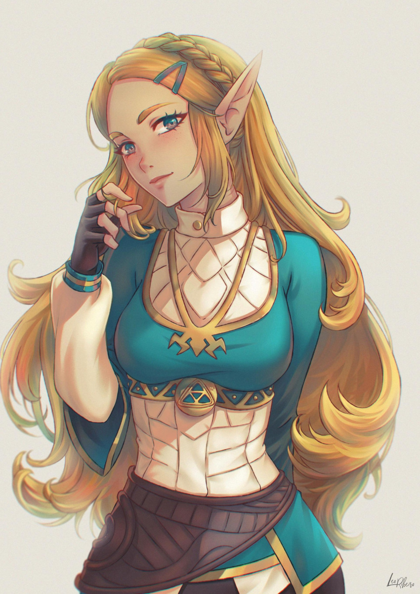 1girl, blonde_hair, braid, breasts, crown_braid, green_eyes, hand_in_own_hair, highres, leofoxart, light_smile, long_hair, looking_at_viewer, medium_breasts, narrow_waist, non-web_source, pointy_ears, princess_zelda, signature, simple_background, solo, the_legend_of_zelda, the_legend_of_zelda:_breath_of_the_wild, triforce, upper_body, white_background