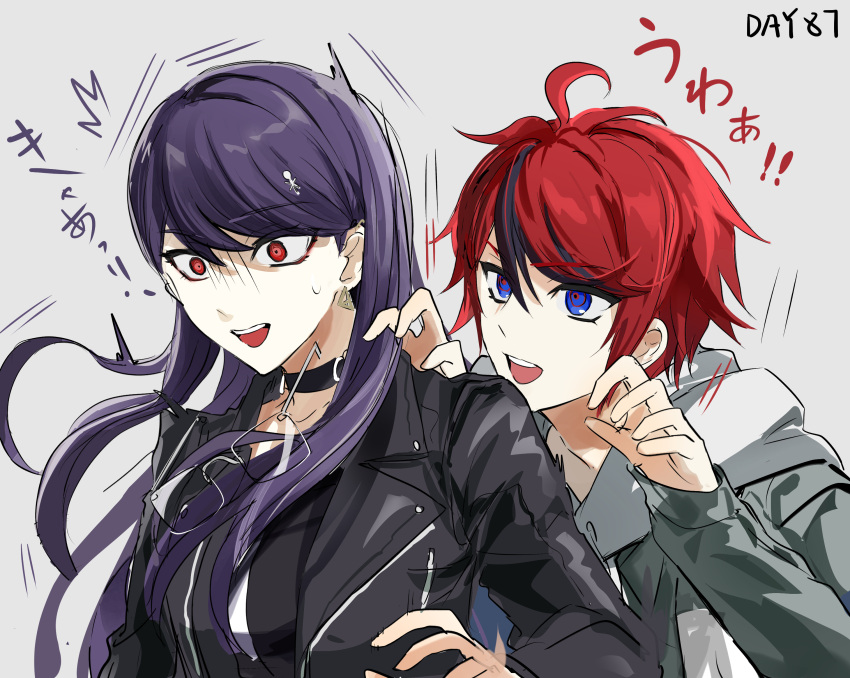1boy, 1girl, absurdres, ahoge, black_jacket, black_shirt, blue_eyes, choker