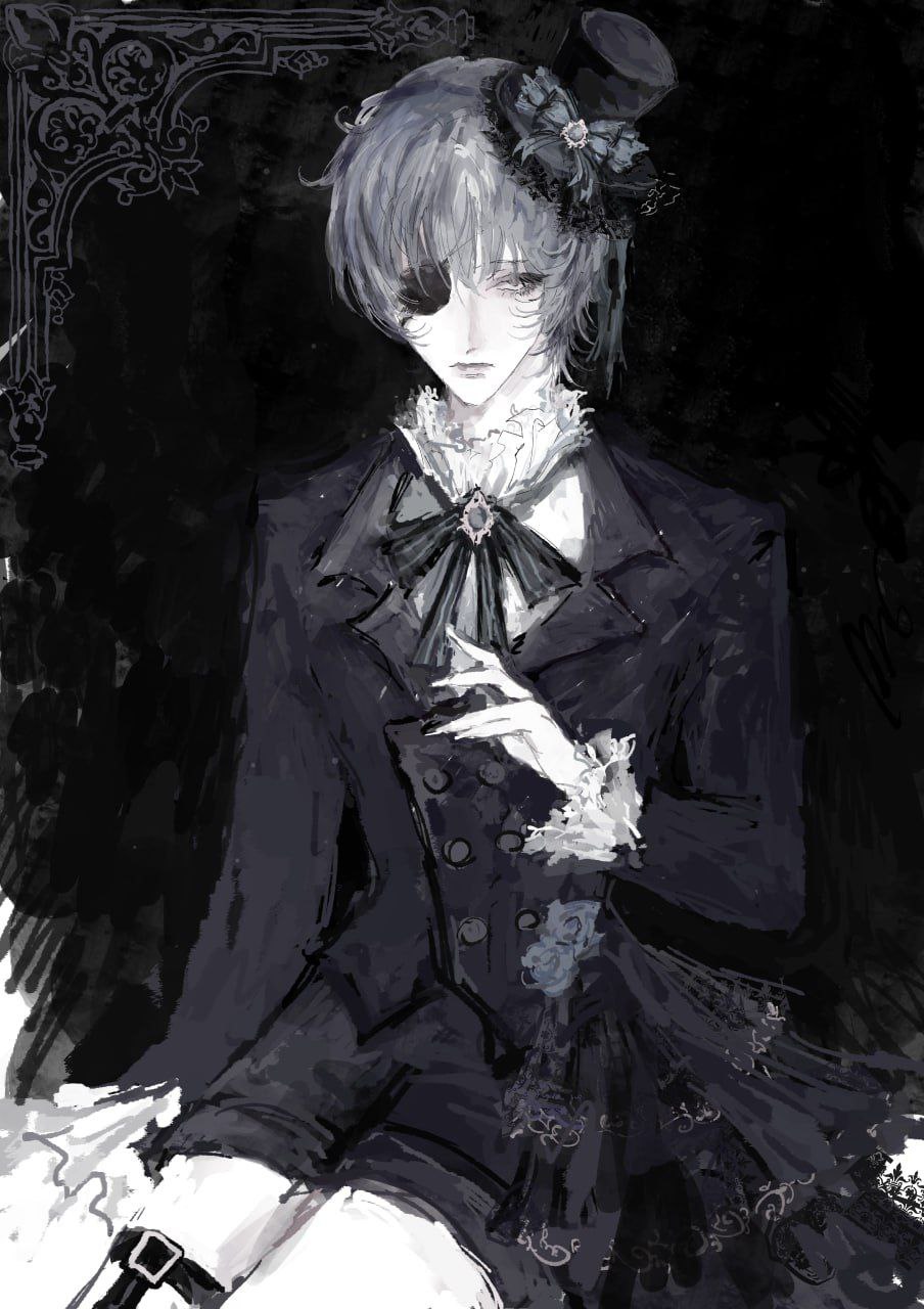 1boy, black_background, bow, ciel_phantomhive, collar, commentary, expressionless, eyepatch