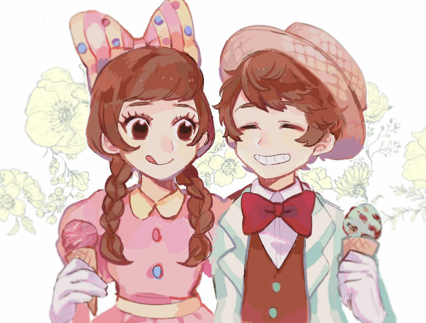 1girl, bow, braid, brown_hair, disneyland, dress, food, gloves