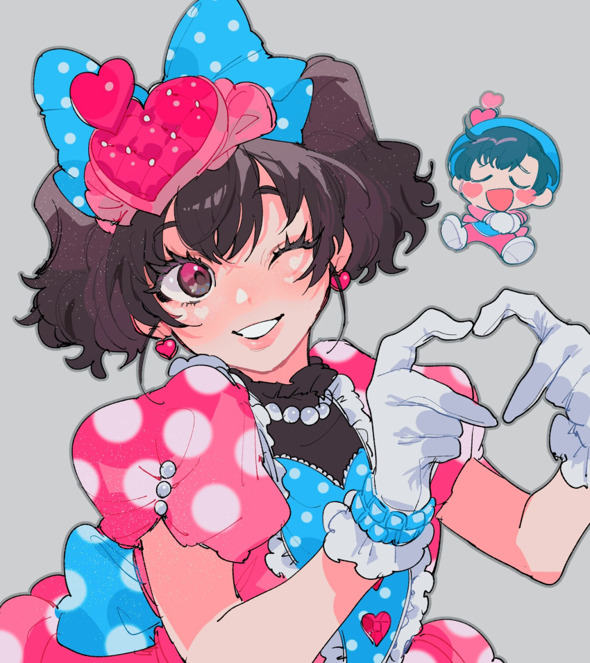 1boy, 1girl, animal_ears, black_hair, bow, chibi, disneyland, dress