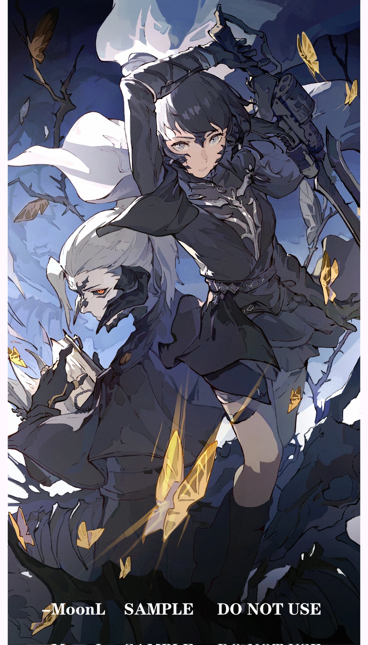 1boy, 1girl, arm_up, artist_name, au_ra, black_boots, black_dress, black_gloves