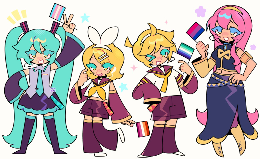 1boy, 3girls, aqua_eyes, aqua_hair, bisexual_flag, blonde_hair, blue_eyes, blue_hair, detached_sleeves, dress, gay_male_pride_flag, hatsune_miku, headphones, highres, jack0ran, kagamine_len, kagamine_rin, lesbian_flag, lgbt_pride, long_hair, looking_at_viewer, megurine_luka, multiple_girls, open_mouth, pink_hair, pride_flag, pride_month, short_hair, skirt, smile, transgender_flag, twintails, very_long_hair, vocaloid