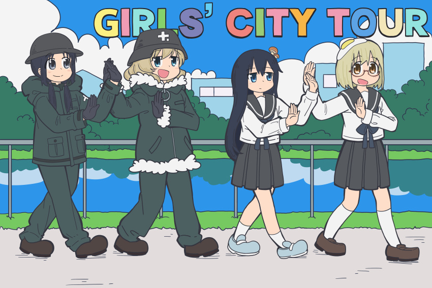 4girls, absurdres, black_gloves, black_hair, black_sailor_collar, black_skirt, blonde_hair, blue_eyes